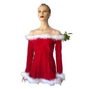 Vintage Fredericks of Hollywood Red Velvet Santa Feather Dress Plus Babydoll Sm